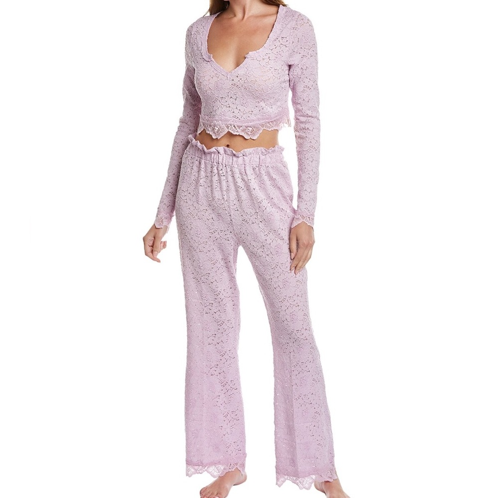 Free People Lavender Lace Long Sleeve Crop Top & Pant Set